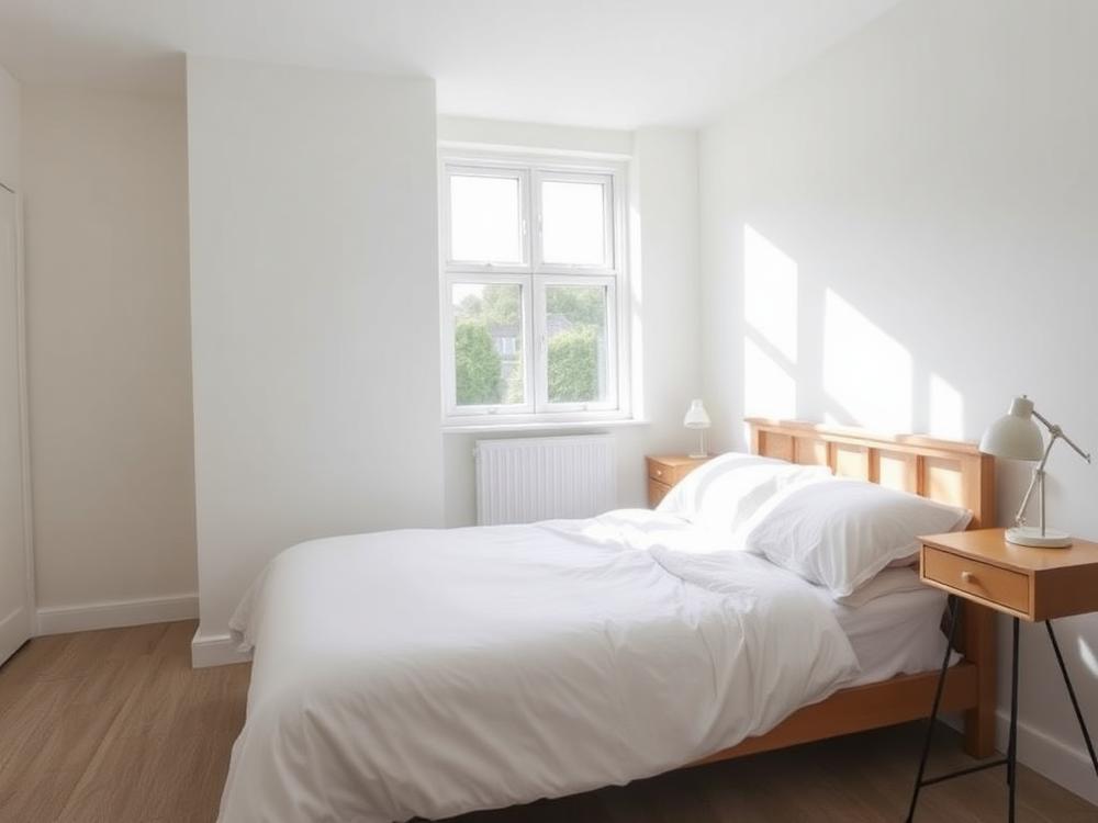 Freshly made bed in a short-term rental bedroom
