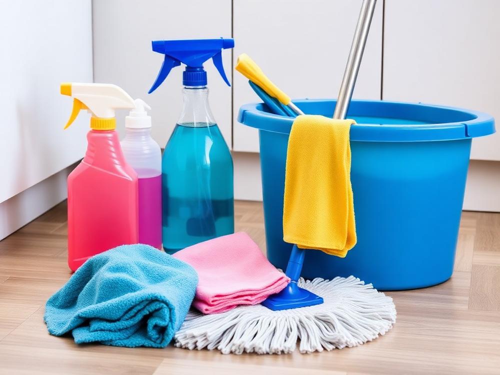 Cleaning products, cloths, mop and bucket used by the FreshNest team